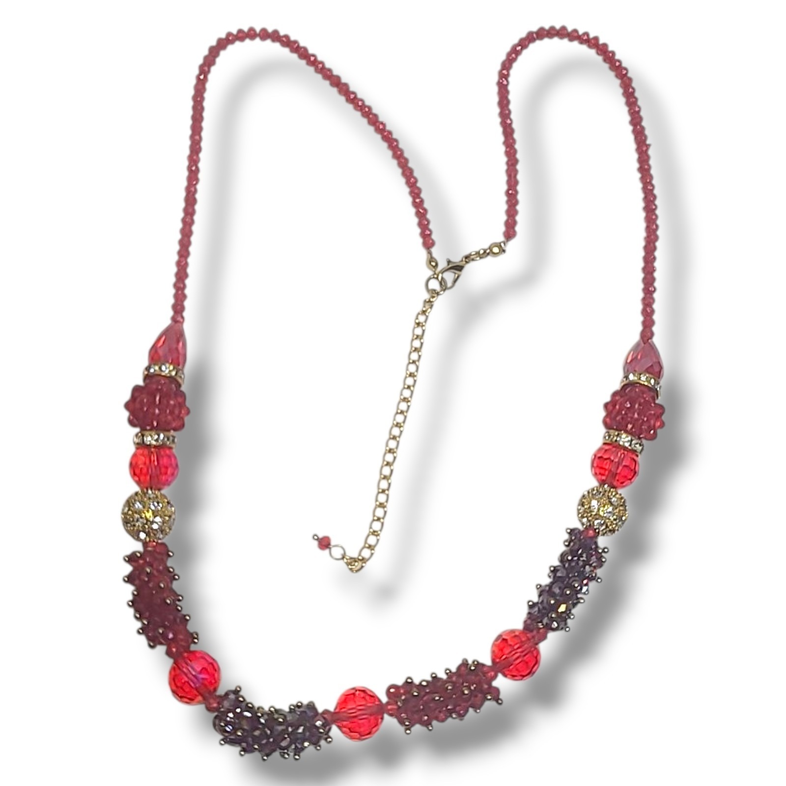Red Pink Glass Bead Necklace 2427" Faceted & Cluster Beads Gold Tone Sparkle